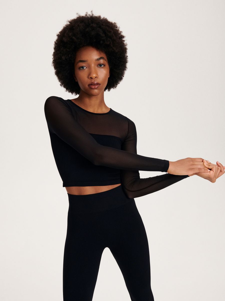 Ribbed Mesh Long Sleeve in Black