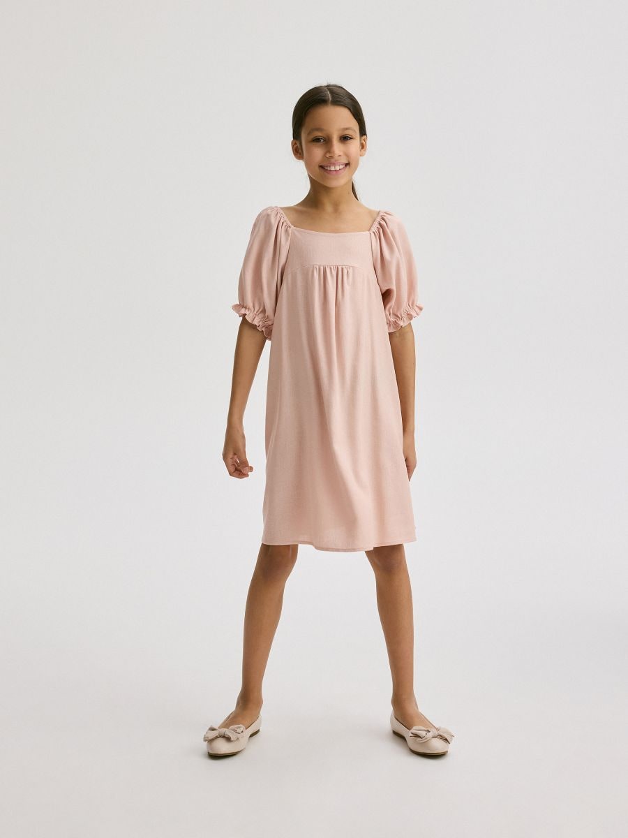Kleid mit Puffärmeln aus Leinengemisch - pastellrosa - RESERVED