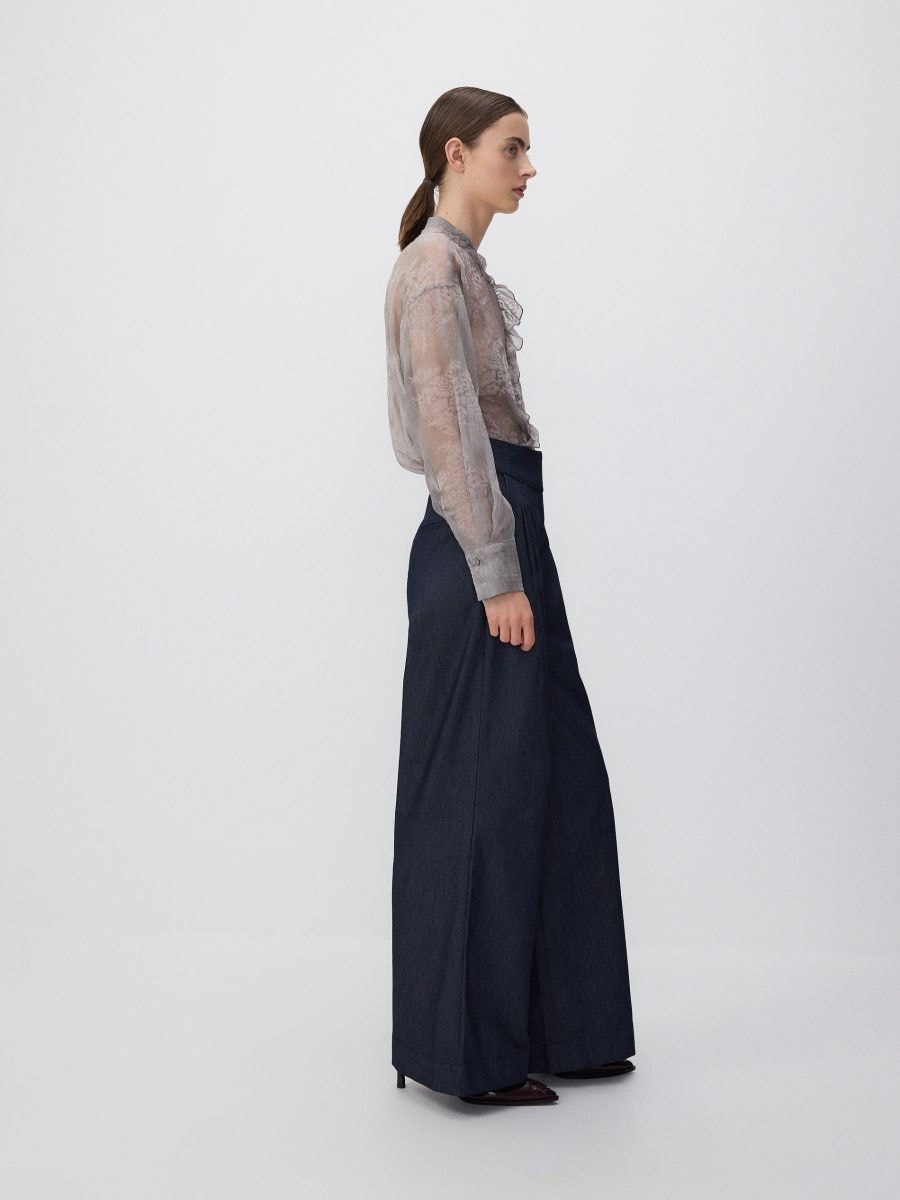 Plisirane pantalone sa širokim pojasom - mornarsko - RESERVED - 3