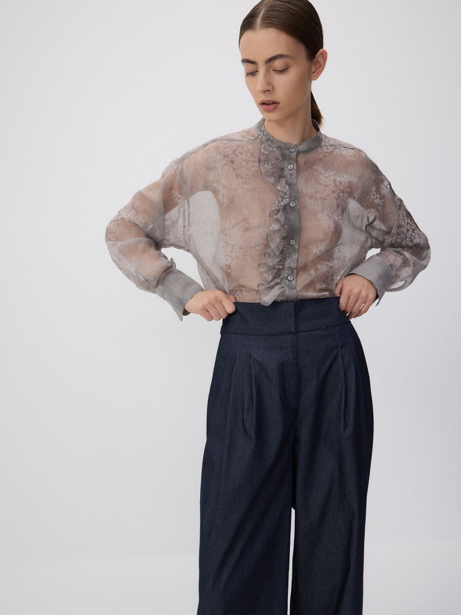 Plisirane pantalone sa širokim pojasom - mornarsko - RESERVED - 2