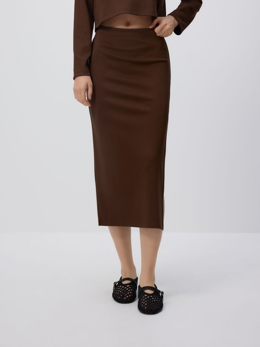 Viscose blend midi skirt - dark brown - RESERVED