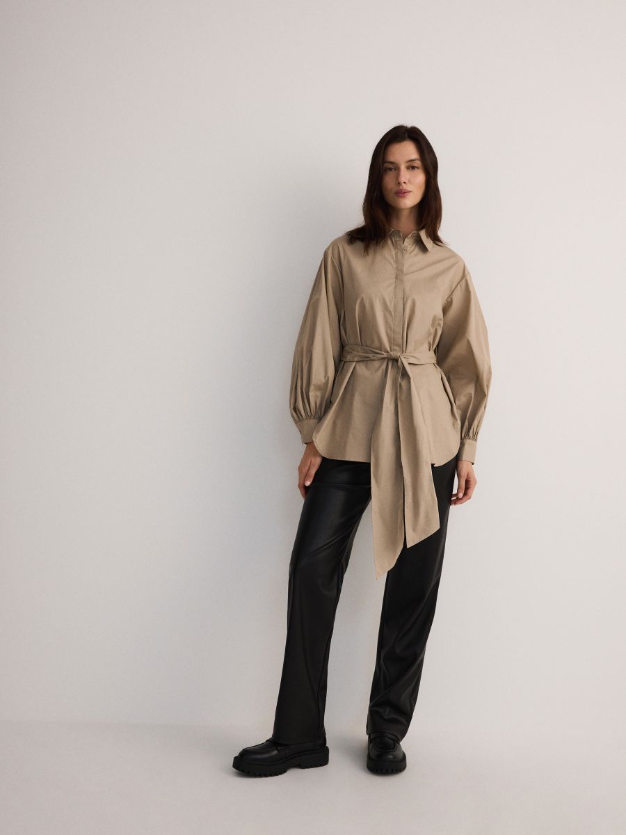 Baumwoll-Bluse mit Bindedetail - beige - RESERVED - 3
