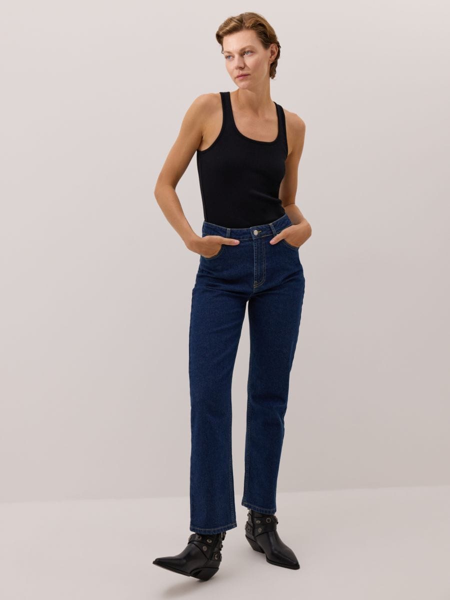 Jeansy straight z wysokim stanem Kolor indigo jeans