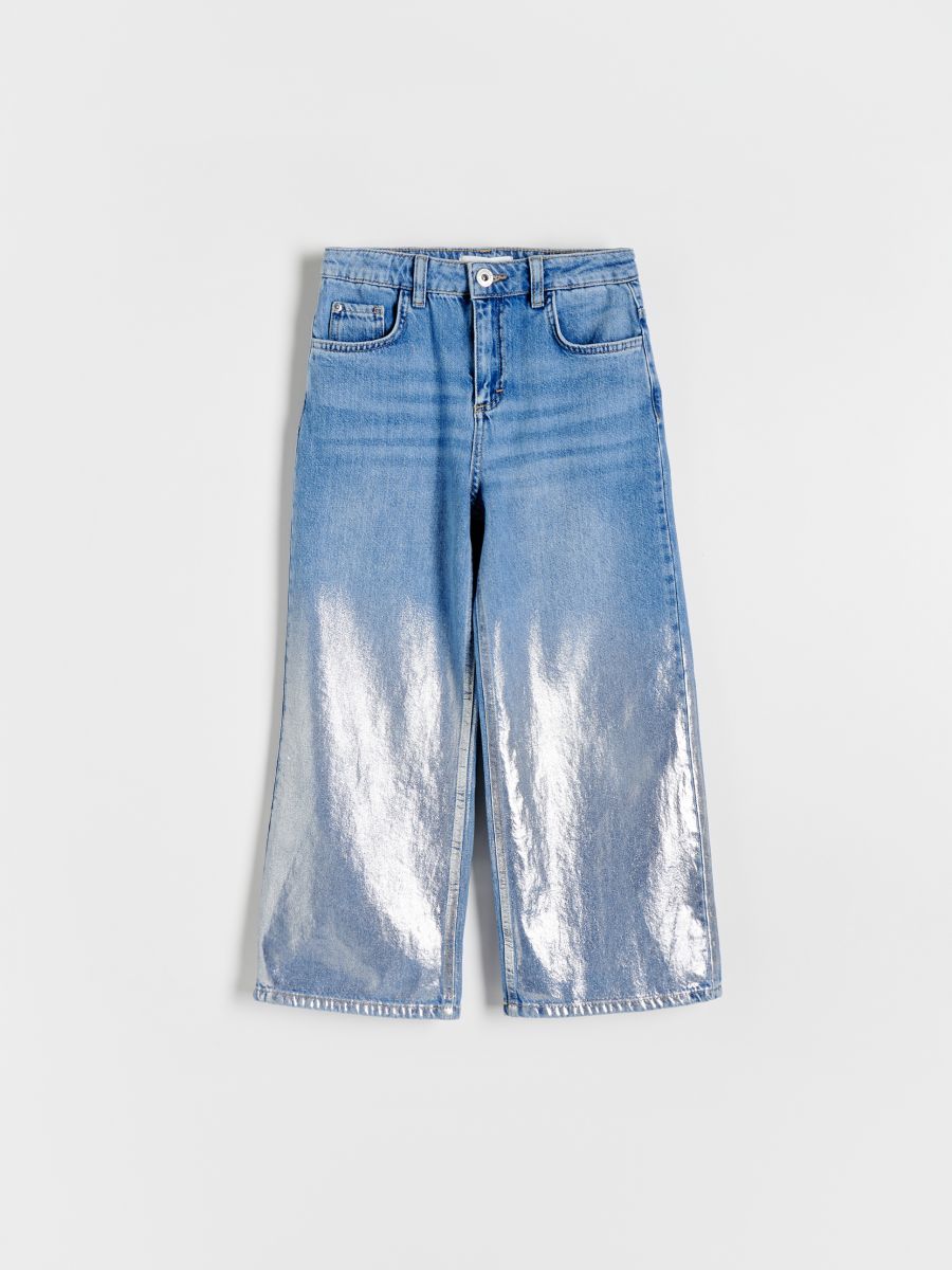 Super wide leg jeans with shiny legs Color blue jeans RESERVED