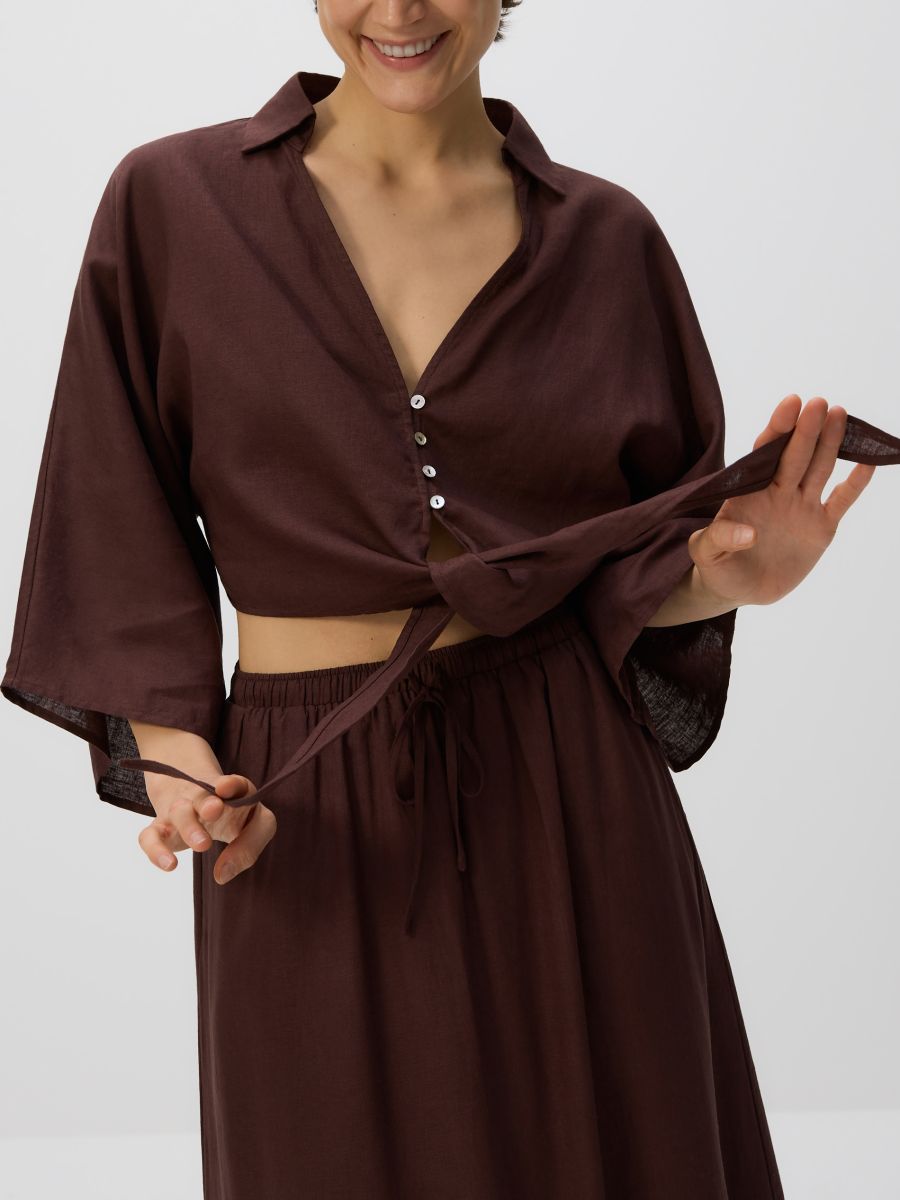 Leinen-Bindebluse - dunkelbraun - RESERVED - 6
