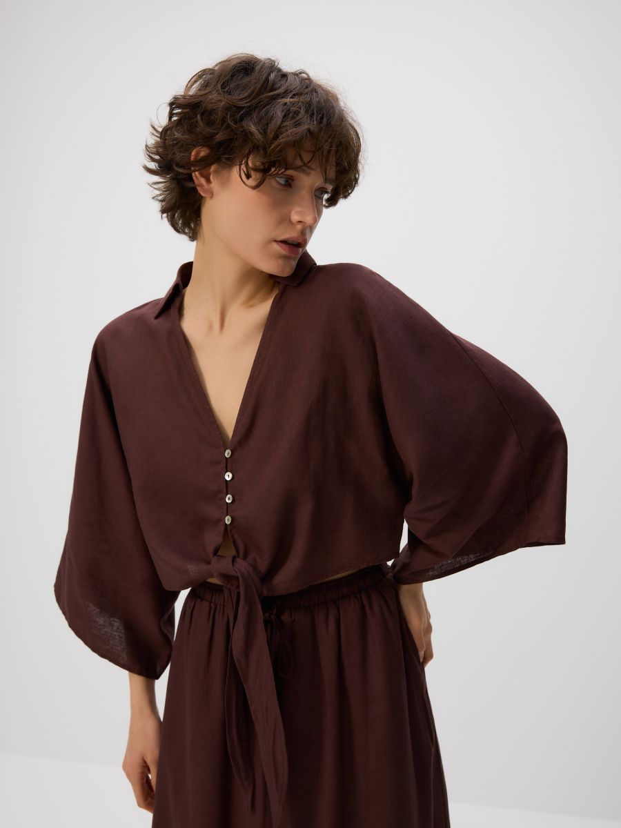 Leinen-Bindebluse - dunkelbraun - RESERVED - 8