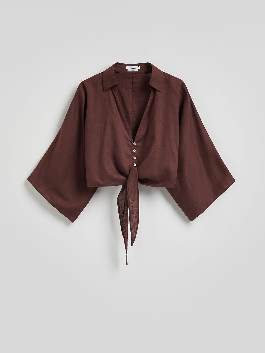 Leinen-Bindebluse - dunkelbraun - RESERVED - 2