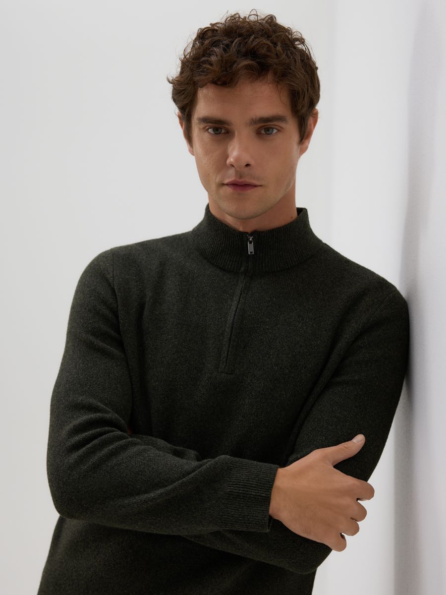 Zipped turtle-neck sweater - brownish green - RESERVED
