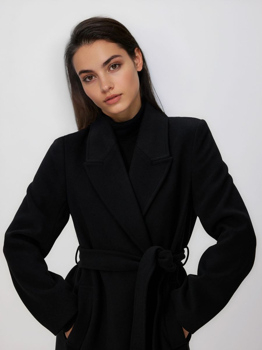 Палто с връзващ се колан - черeн - RESERVED