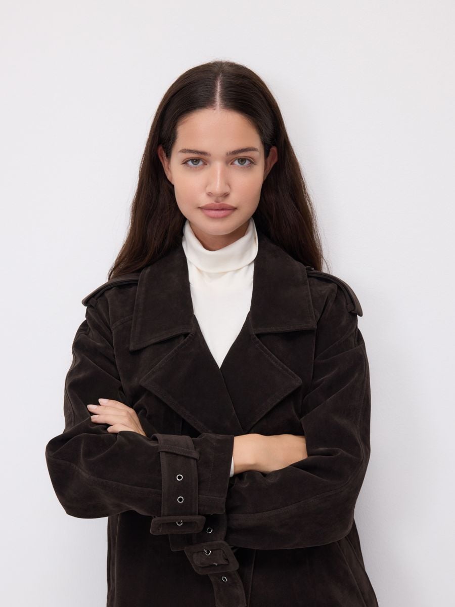 Faux suede trench coat COLOUR dark brown - RESERVED - UA742-89X