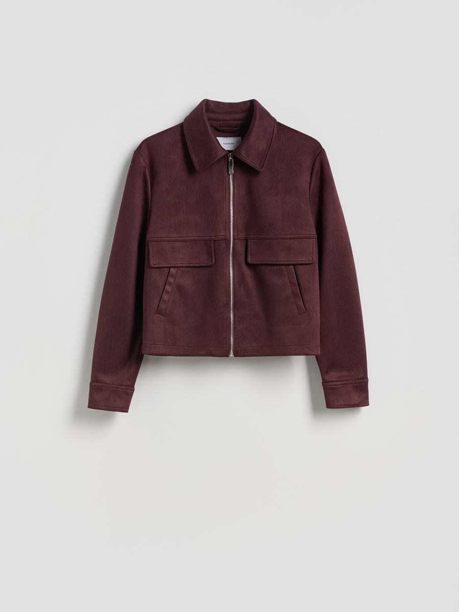 Faux suede cropped jacket - burgundy - RESERVED