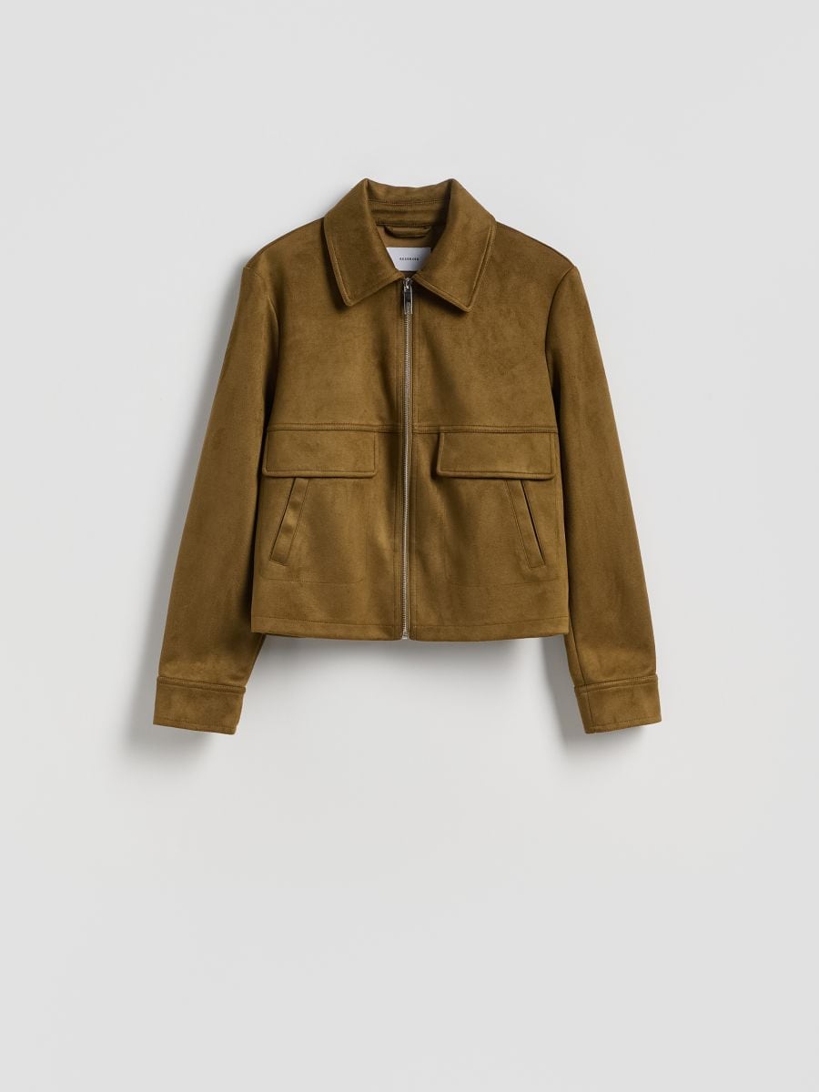 Faux suede cropped jacket - light olive - RESERVED