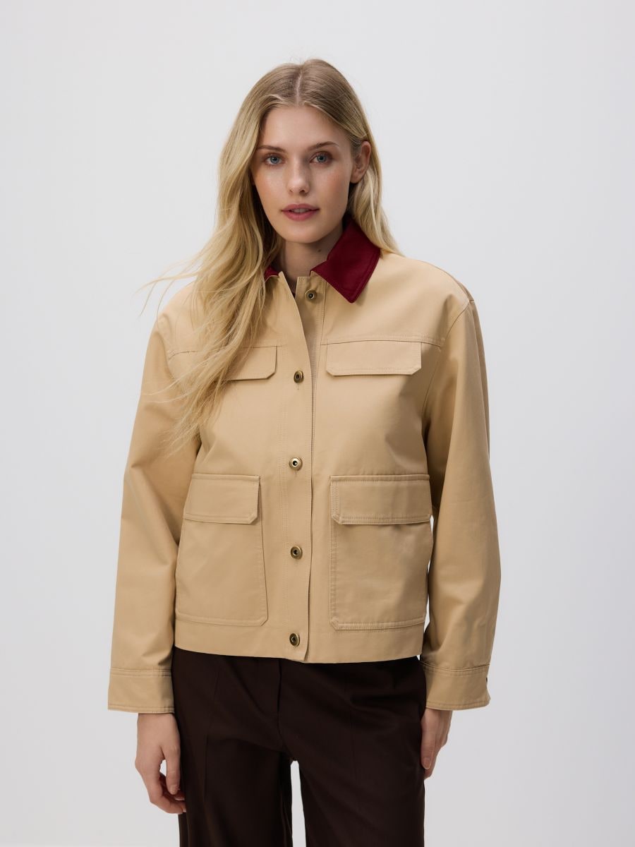 Jacket with contrasting collar - beige - RESERVED