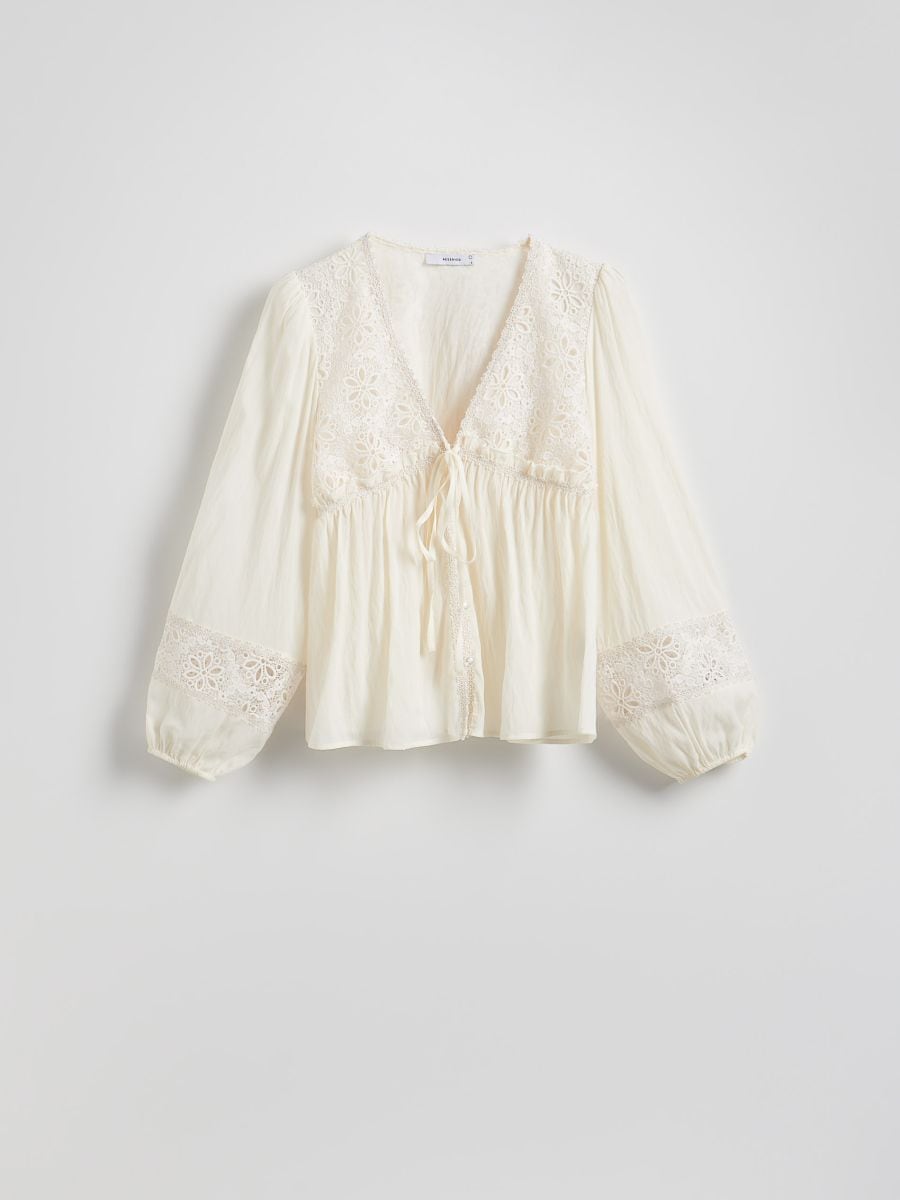 Broderie anglaise blouse with tie detail - cream - RESERVED