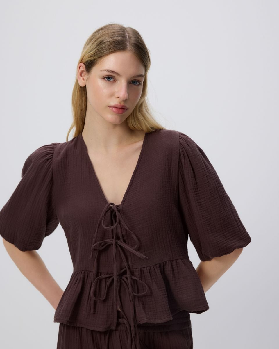 Mušelinska bluza sa vezom - braon - RESERVED