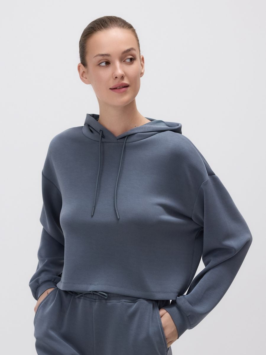Krótka bluza z kapturem - ciemnoszary - RESERVED