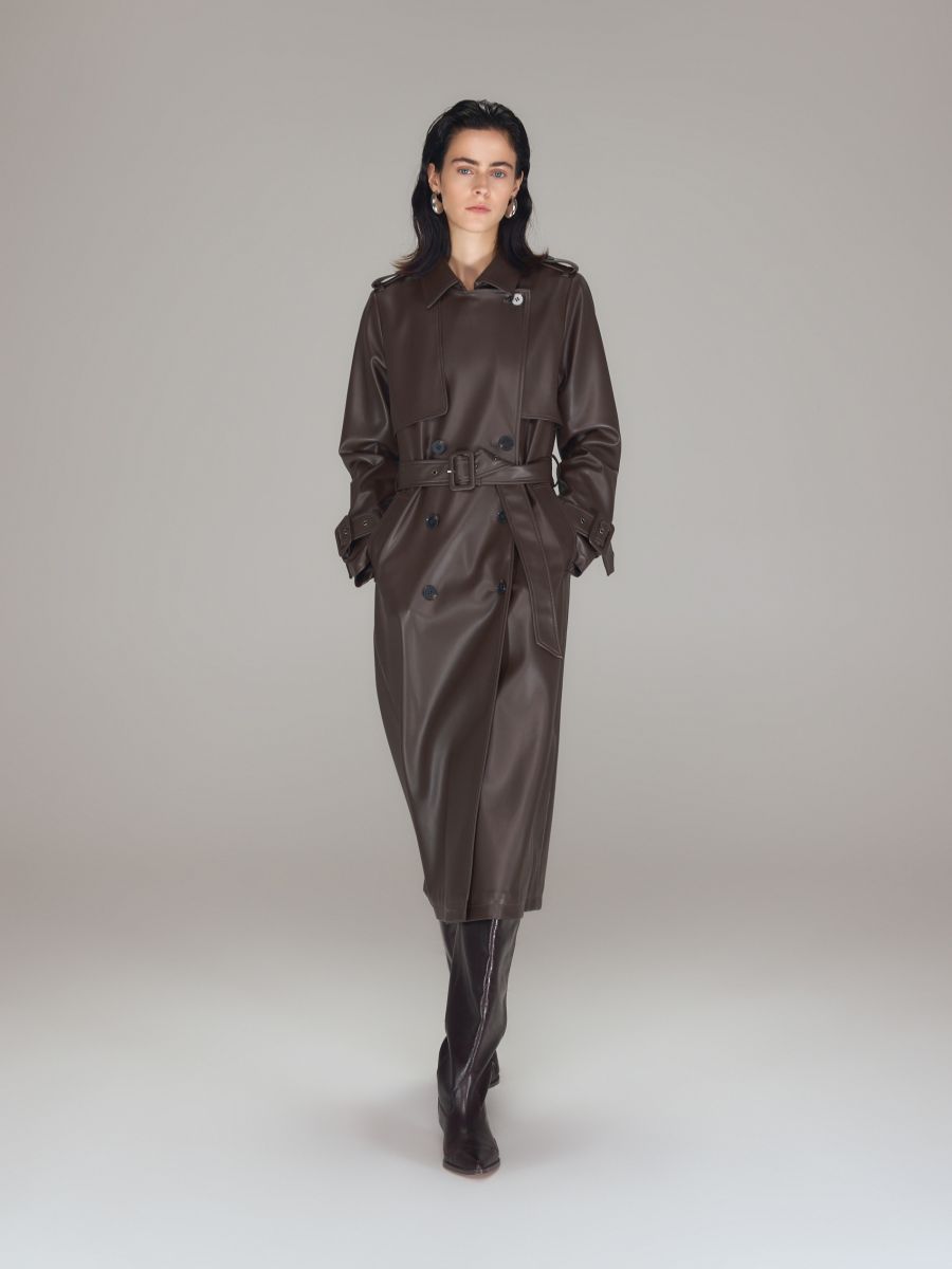 Longline trench coat with tie waist belt - dark brown - RESERVED