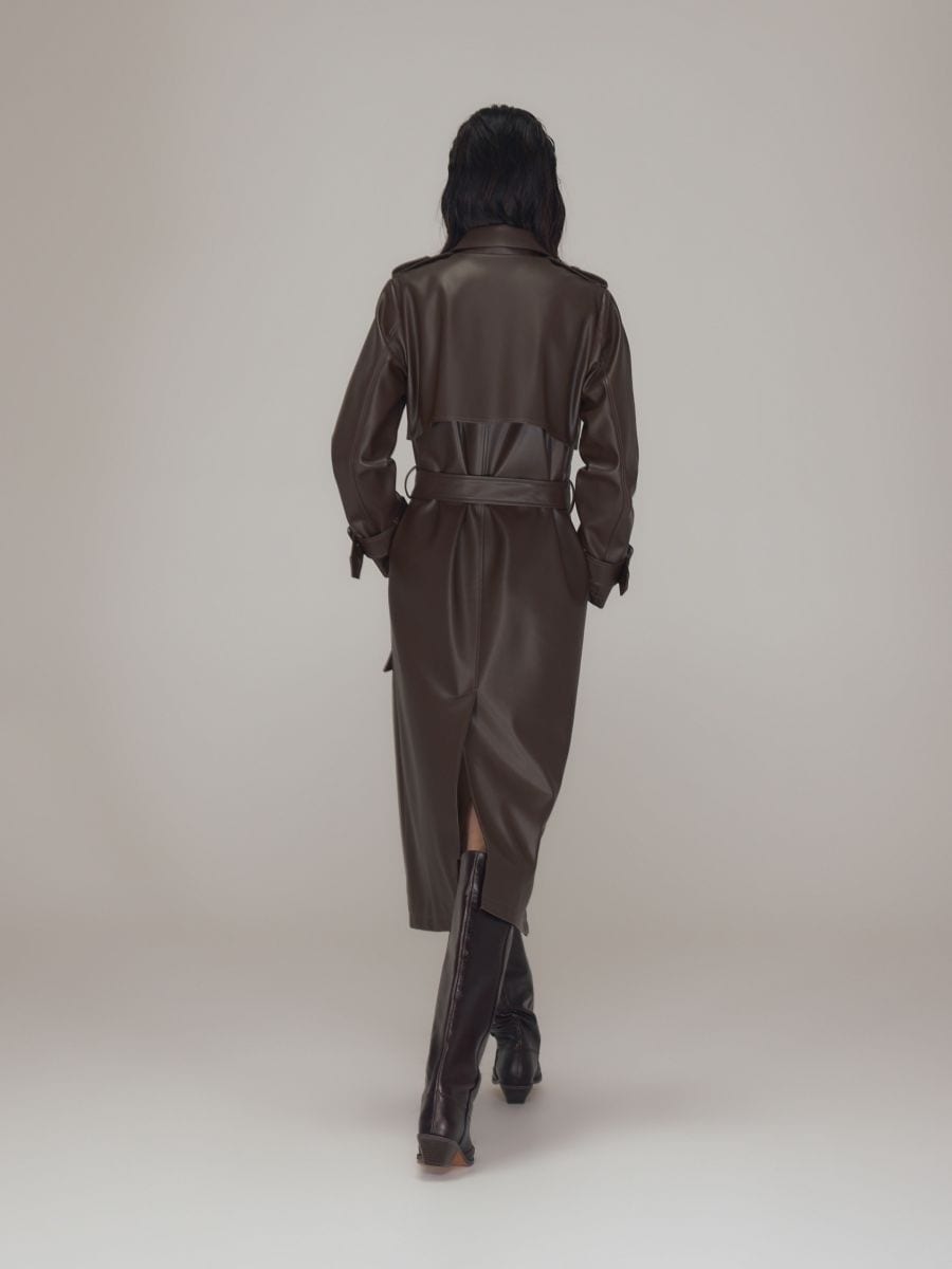 Longline trench coat with tie waist belt Color dark brown