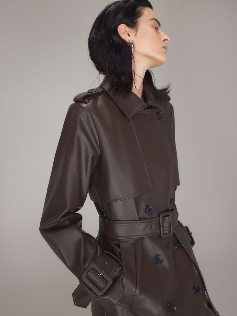 Longline trench coat with tie waist belt Color dark brown