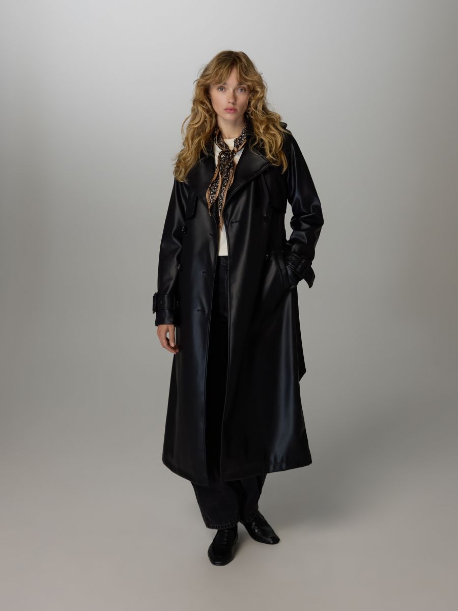 Lange trenchcoat met riem in de taille - zwart - RESERVED