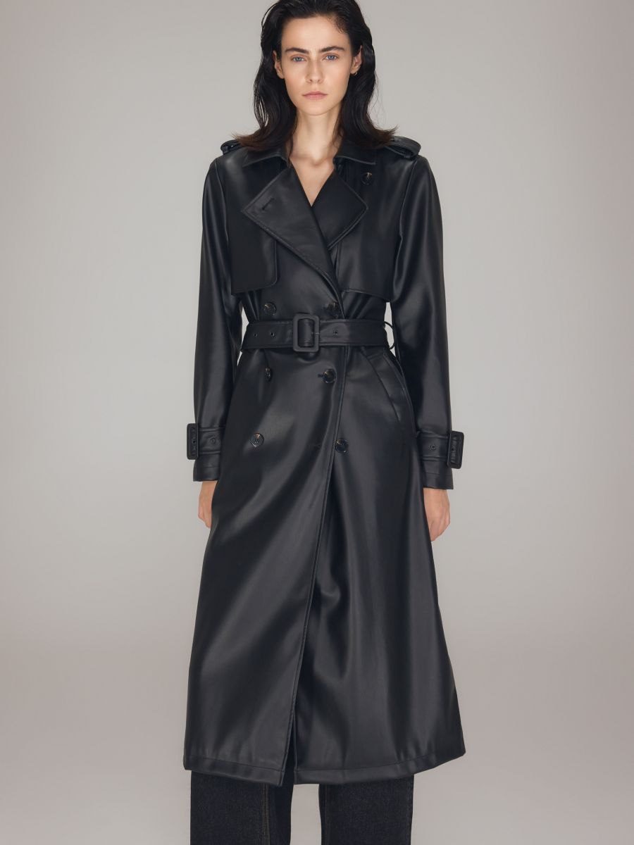 Longline trench coat with tie waist belt - black - RESERVED
