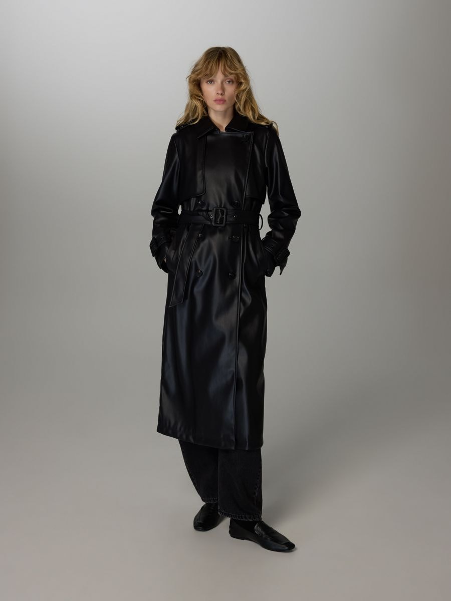 Longline trench coat with tie waist belt Color black