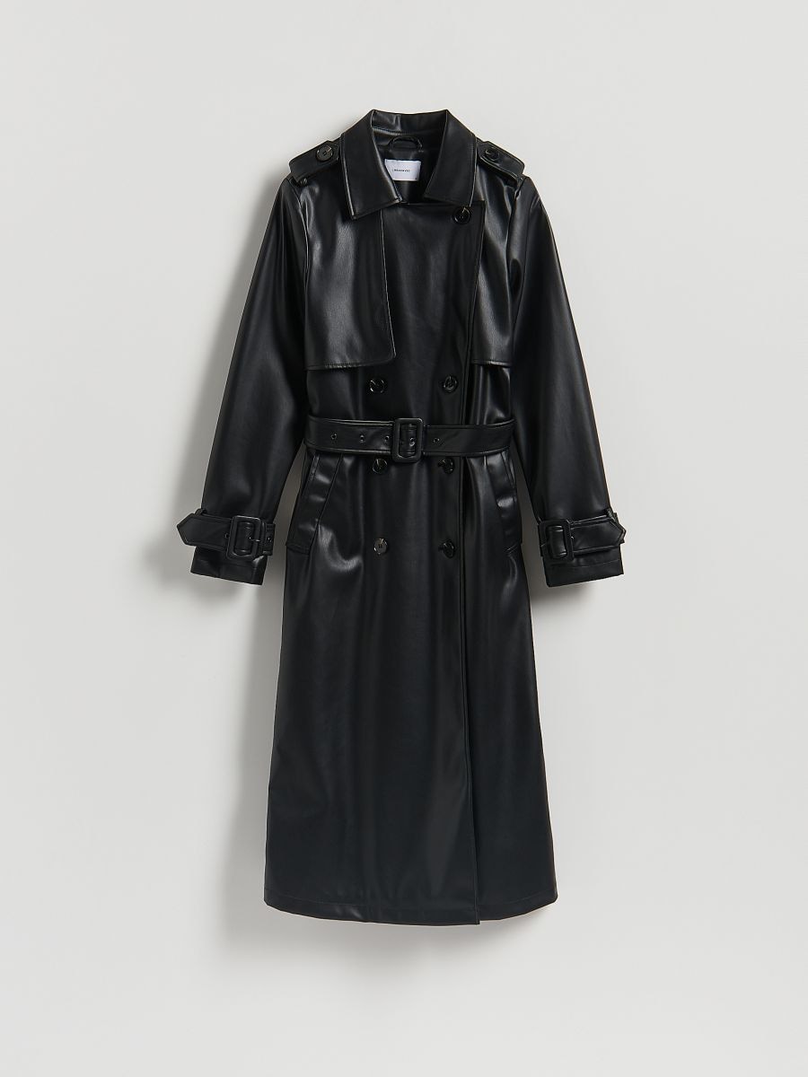 Longline trench coat with tie waist belt - black - RESERVED