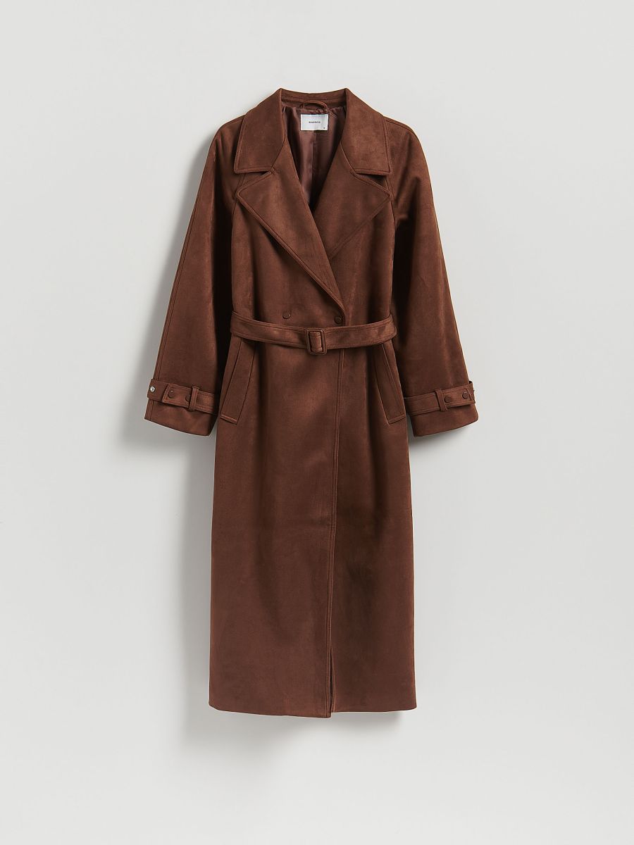 Faux suede trench coat - brown - RESERVED