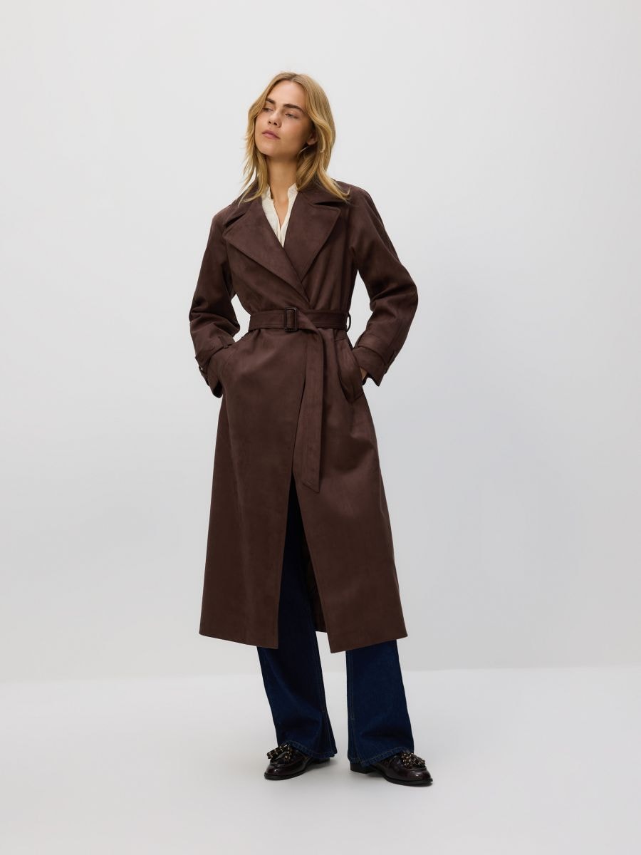 Faux suede trench coat - dark brown - RESERVED
