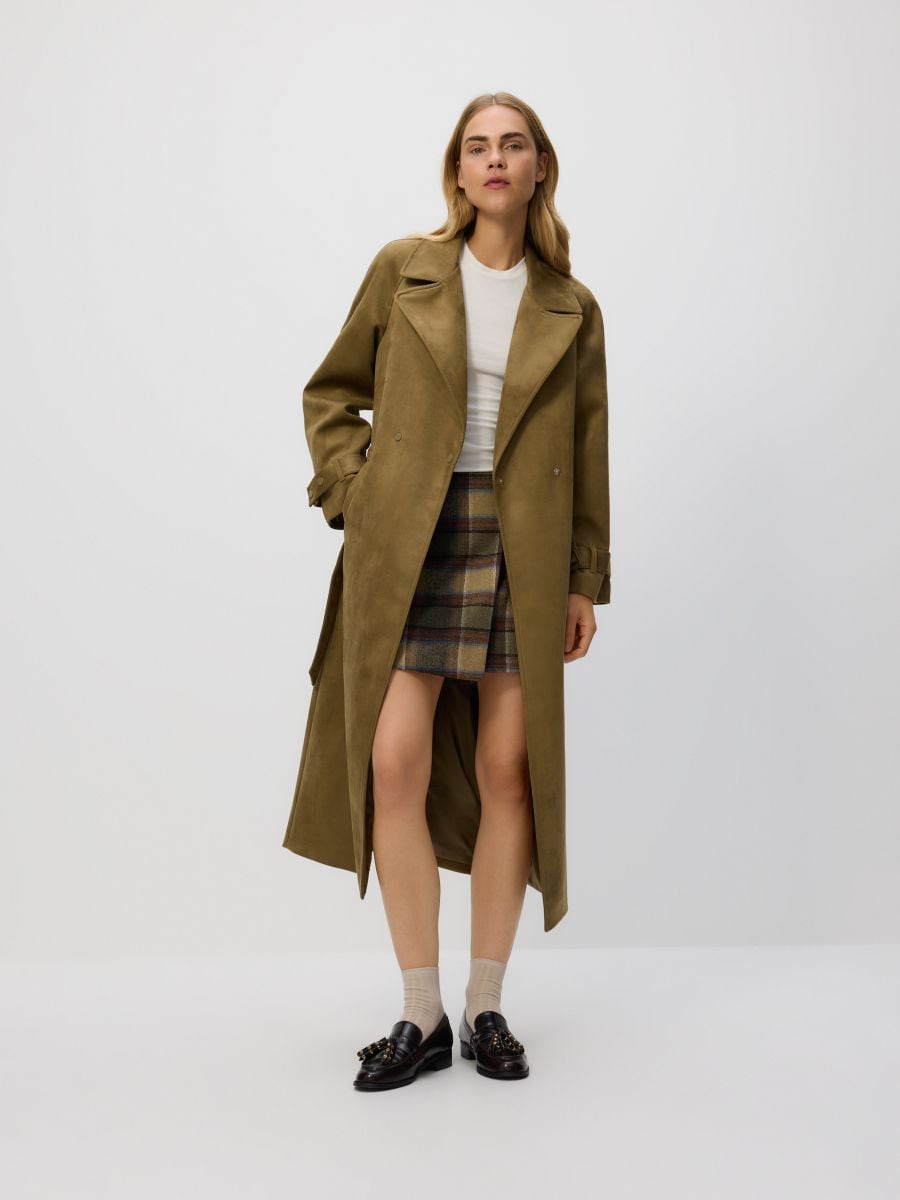 Faux suede trench coat - olive - RESERVED