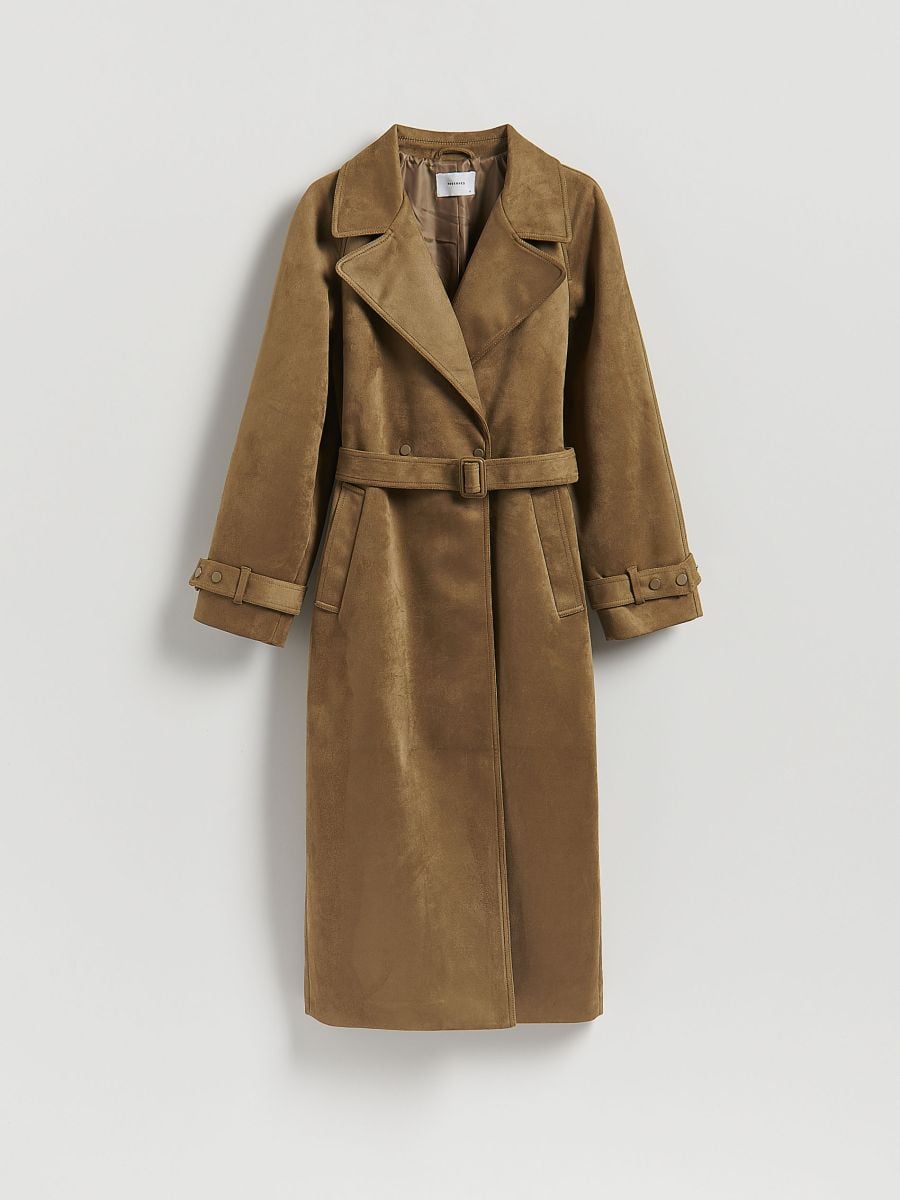 Faux suede trench coat - olive - RESERVED