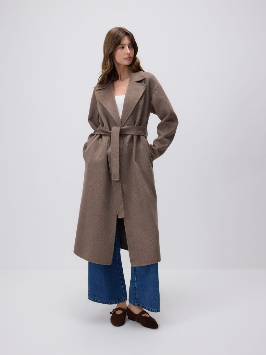 Self-tie belt coat with wool blend - coffee - RESERVED