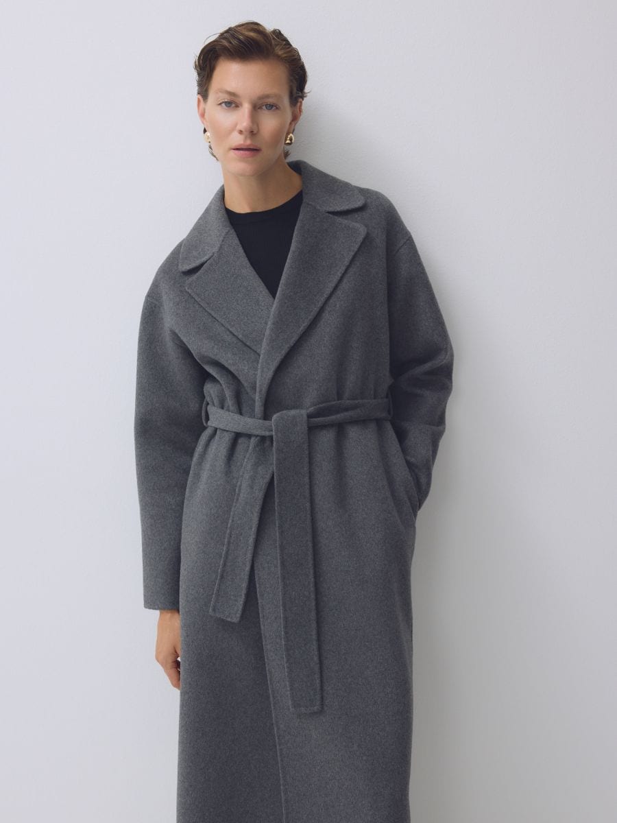 Self-tie belt coat with wool blend - dark grey - RESERVED