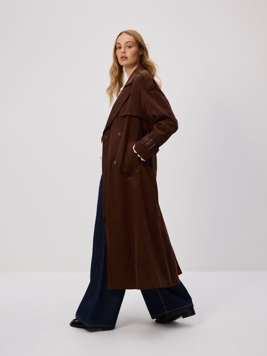 Corduroy trench coat with belt - dark brown - RESERVED
