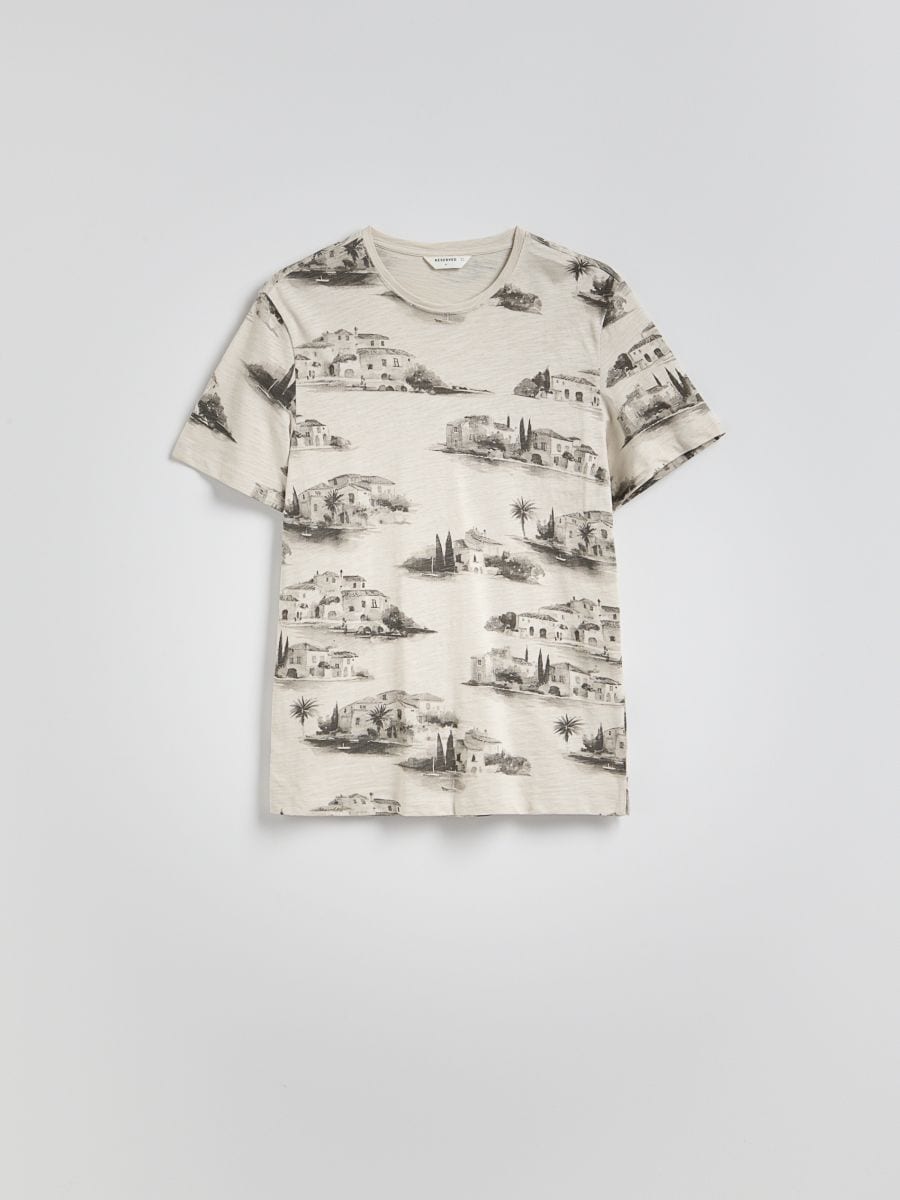 T-shirt regular z nadrukiem allover - beżowy - RESERVED