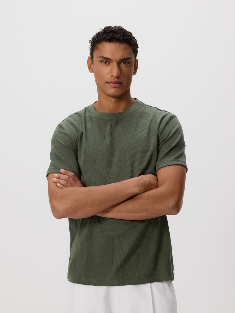 Regular fit T-shirt with plant motif - dark green - RESERVED