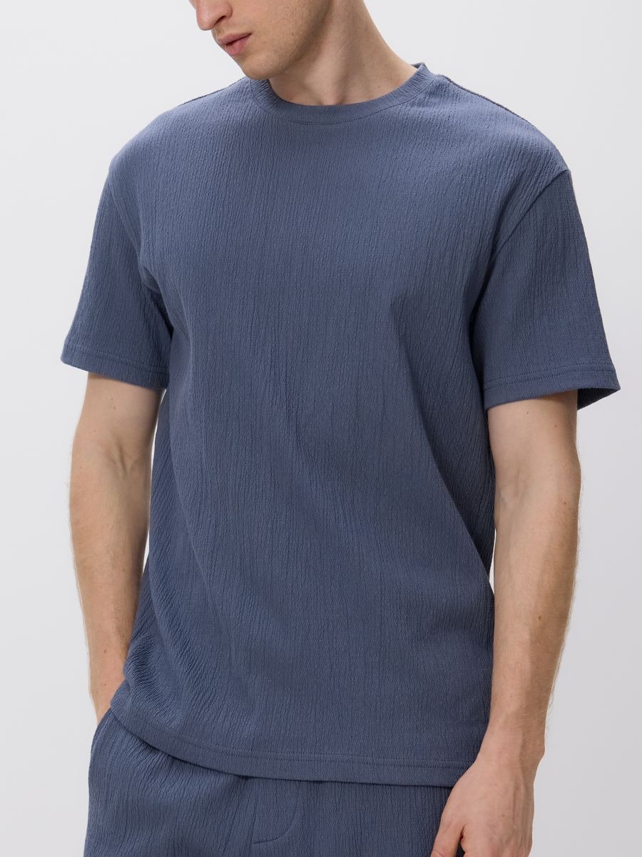 Comfort fit majica kratkih rukava od strukturirane tkanine - steel blue - RESERVED