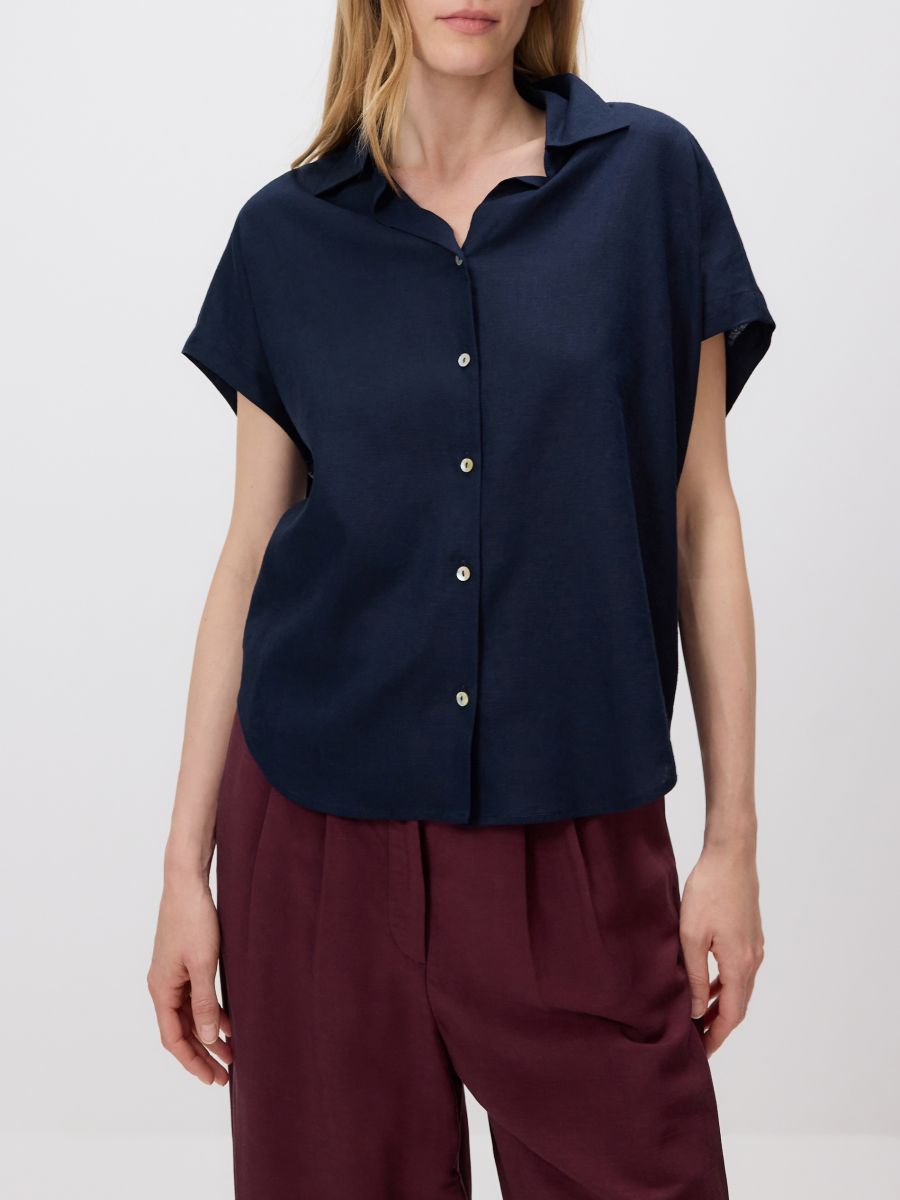 Blouse van stof met een hoog linnengehalte en een viscosemix - marineblauw - RESERVED