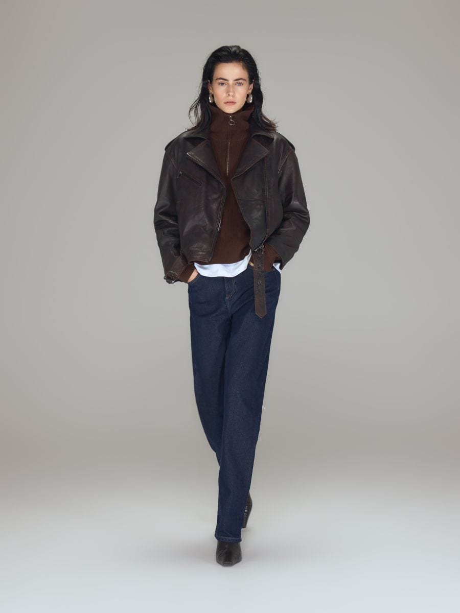 Шкіряна куртка в стилі байкер - темно коричневий - RESERVED