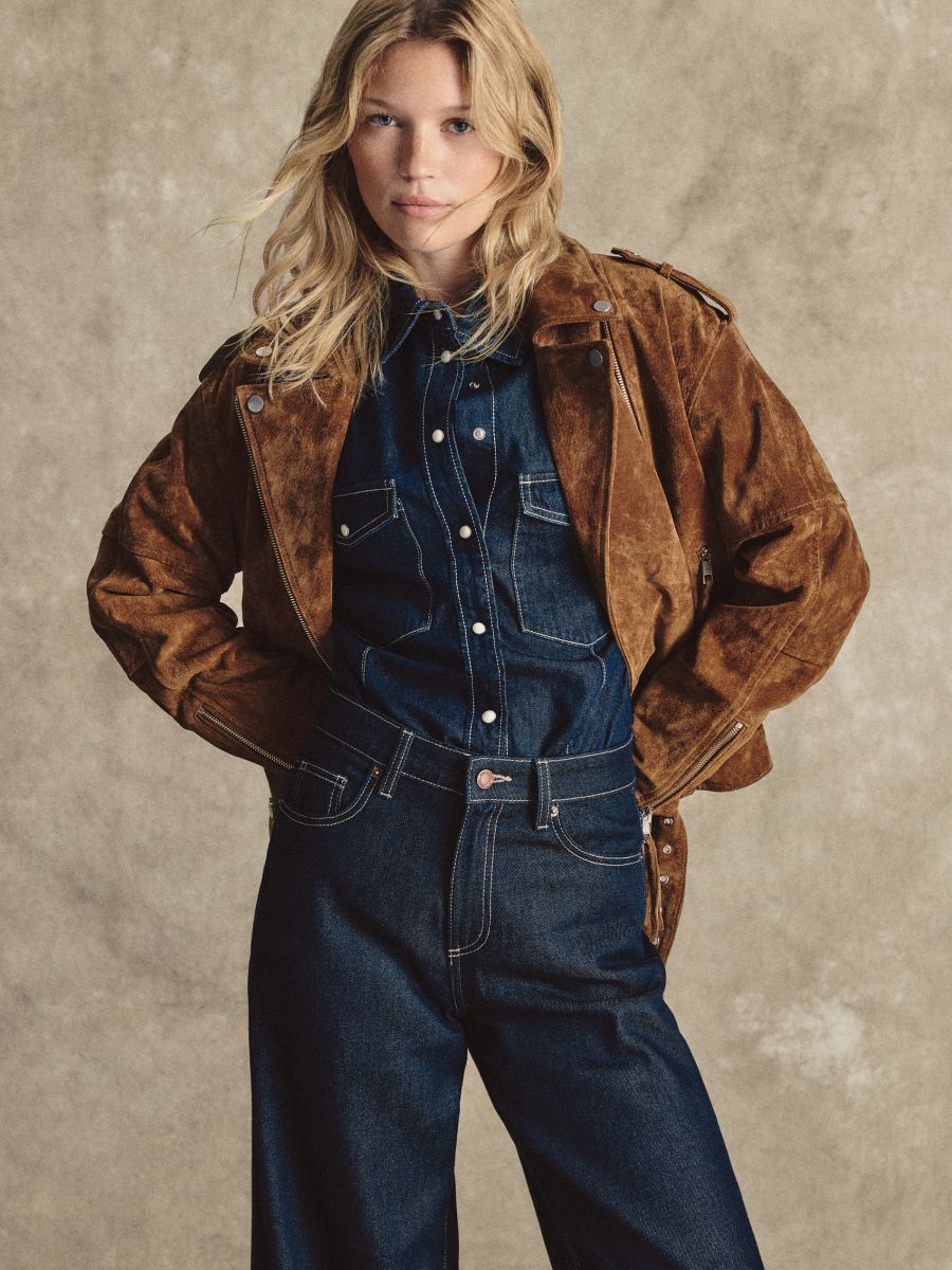 Oversize suede biker jacket with belt - golden brown - RESERVED