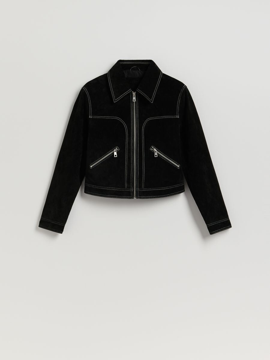 Suede jacket with collar - black - RESERVED
