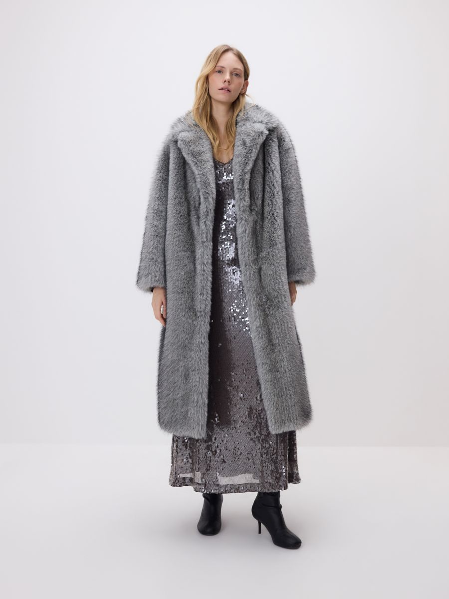 Палто с изкуствена козина - Светло сиво - RESERVED