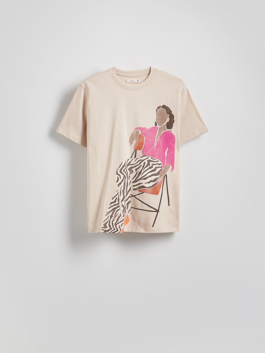 T-shirt i bomuld med print - beige - RESERVED