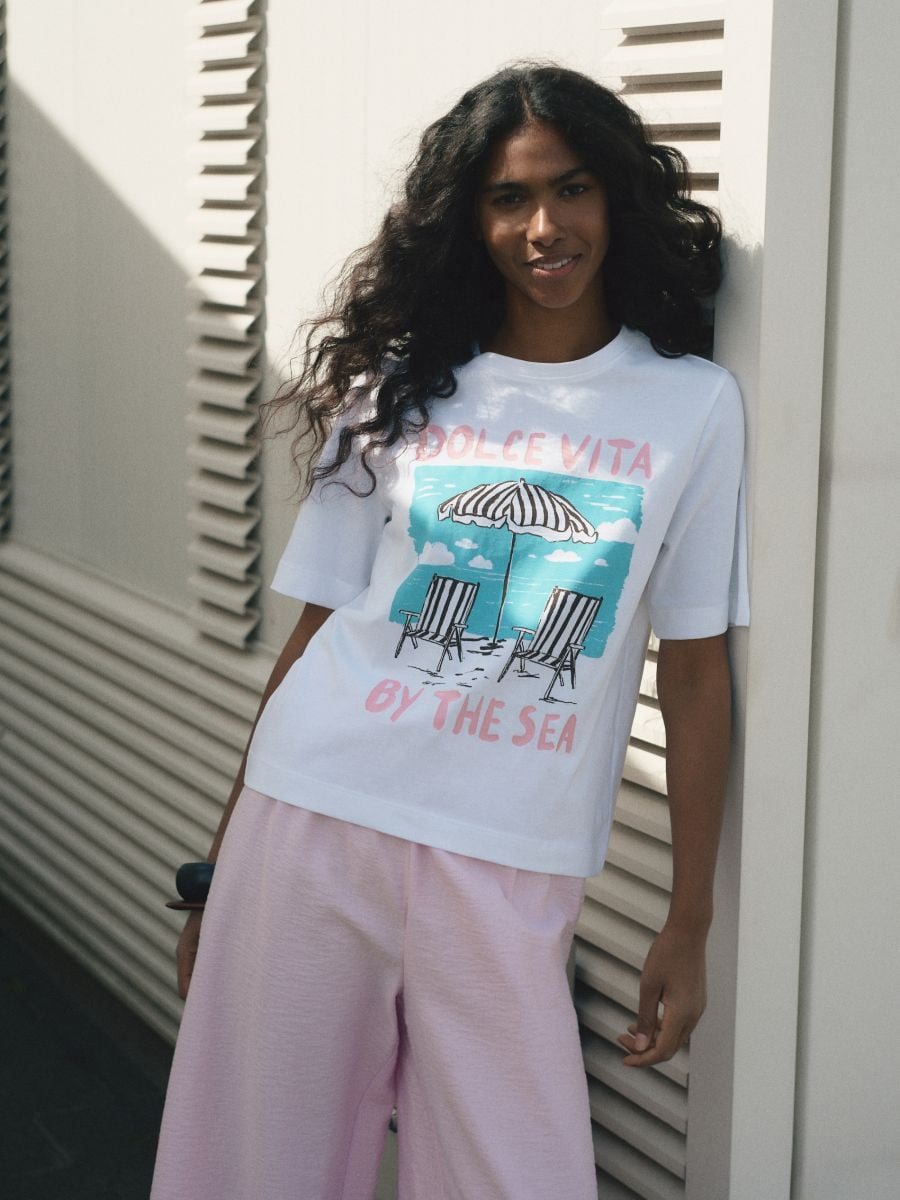 Tricou din bumbac cu imprimeu - crem - RESERVED