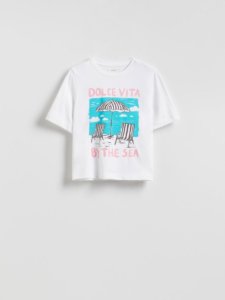 Cotton T-shirt with print - cream - RESERVED