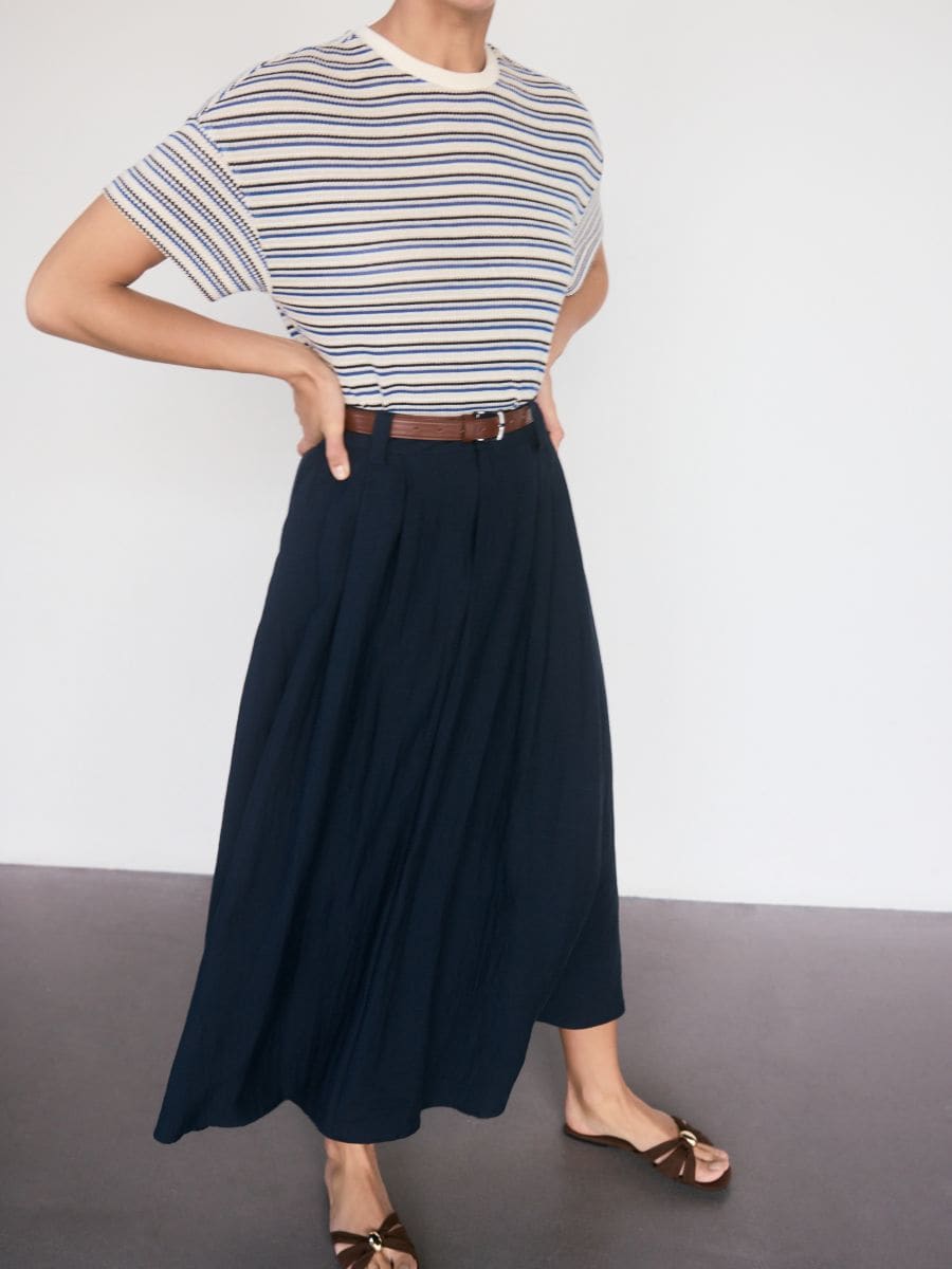 Midi krilo z dodatkom lanu - navy - RESERVED - 2