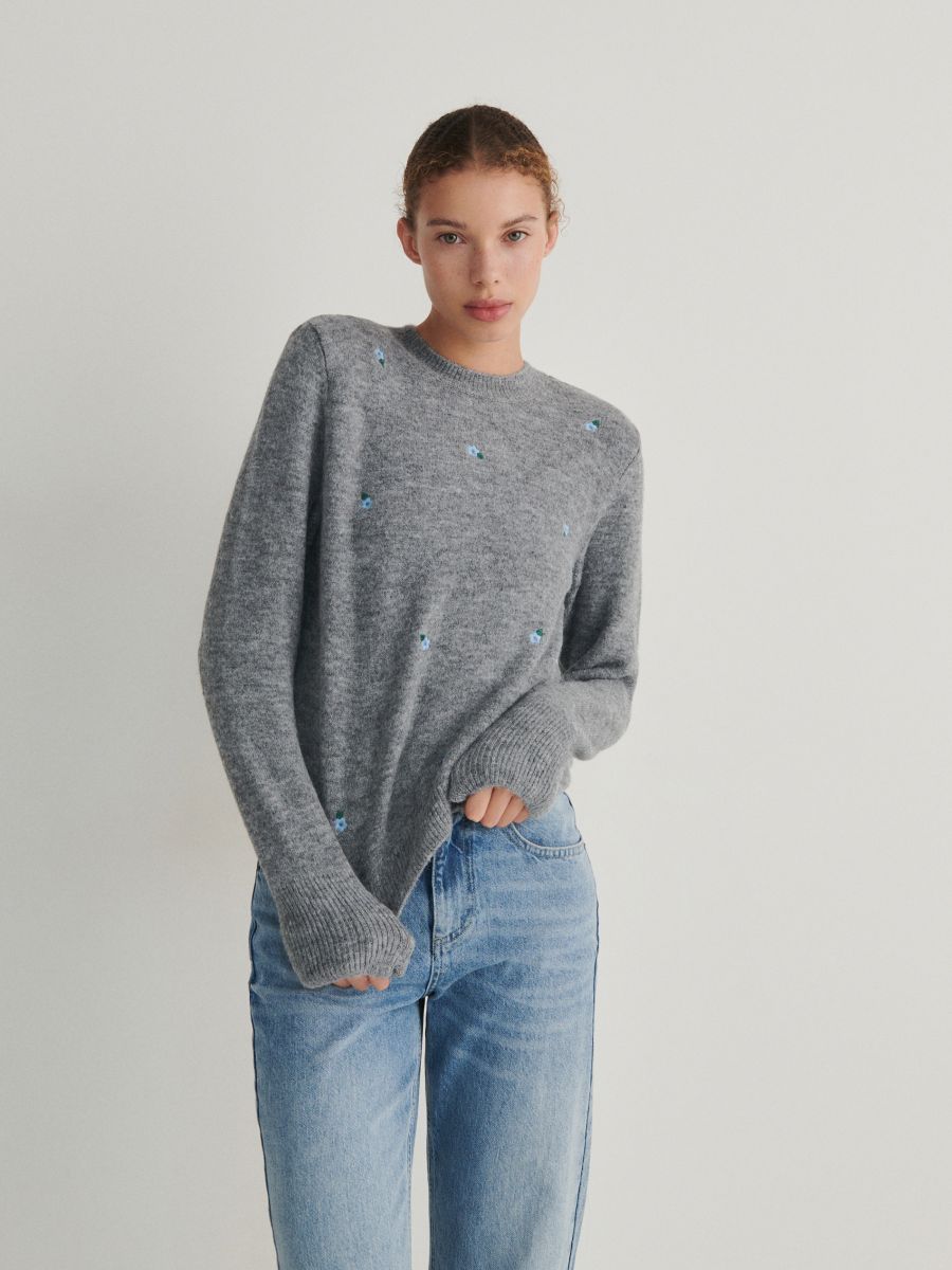Pull avec fleurs brodées - Gris clair - RESERVED - 2