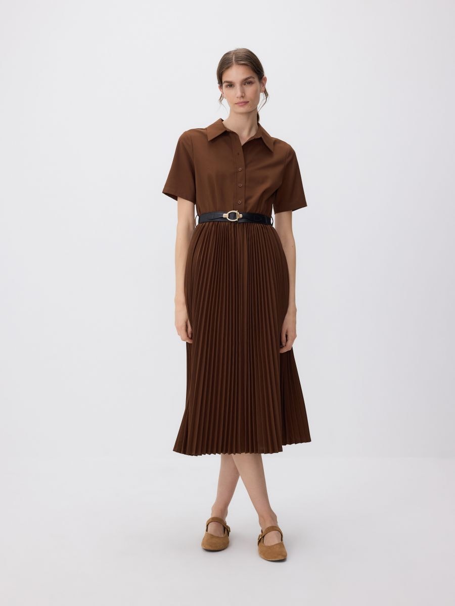 Dress with pleated skirt - golden brown - RESERVED