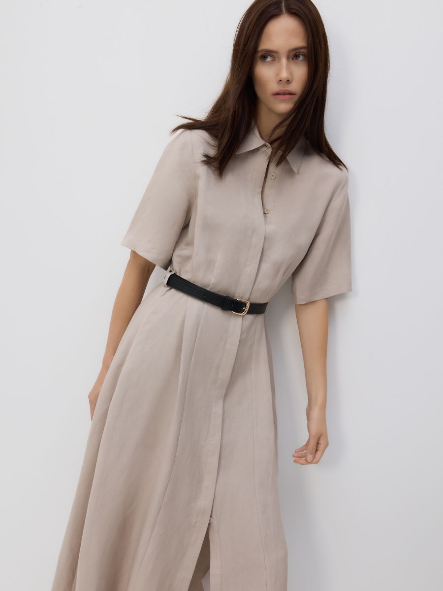 Midi-jurk met riem - BEIGE - RESERVED