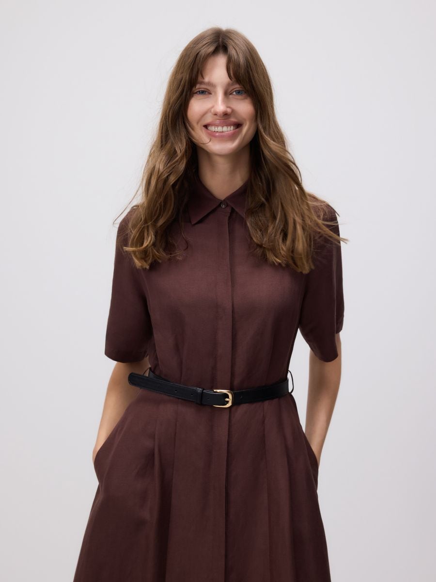 Linen blend midi dress - brown - RESERVED